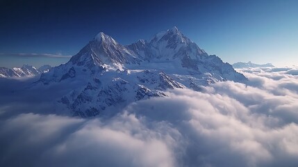 Majestic snowy mountain peak above a cloudscape, blending the serene beauty of the snow-capped peak with the ethereal quality of the clouds below.
