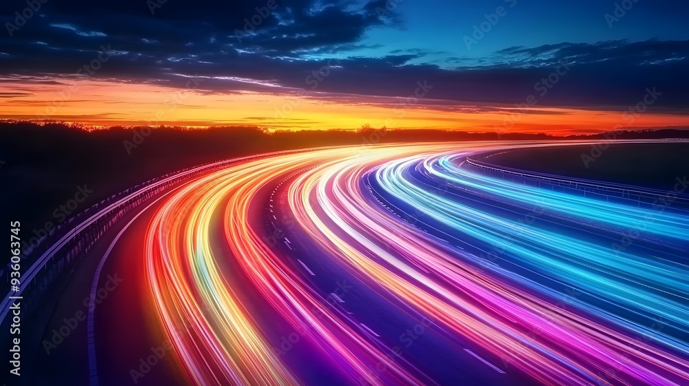 Wall mural Highway Colorful Light Trails, Digital Marketing Speed Movement, Dark Blue Background, Orange-Toned Sunset Sky