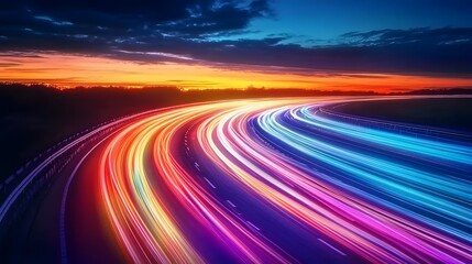 Highway Colorful Light Trails, Digital Marketing Speed Movement, Dark Blue Background, Orange-Toned Sunset Sky