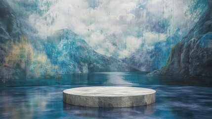 Scenic Norwegian fjord landscape with modern circular platform and atmospheric cloudy sky reflection