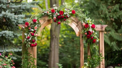 Fototapeta premium Elegant Wooden Wedding Arch Adorned with Roses and Flowers in a Picturesque Outdoor Setting, Perfect for a Romantic and Timeless Ceremony