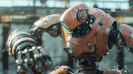 Fototapeta premium Robot Wrestler Grappling Opponent: A powerful robot wrestler in the midst of grappling its opponent. 