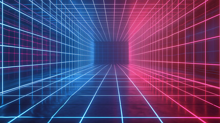 Obraz premium Neon Grid Room with Blue and Red Glowing Lines