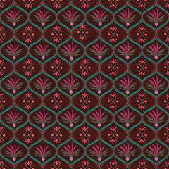 Geometric shapes mixed with pink flowers on a velvet red background