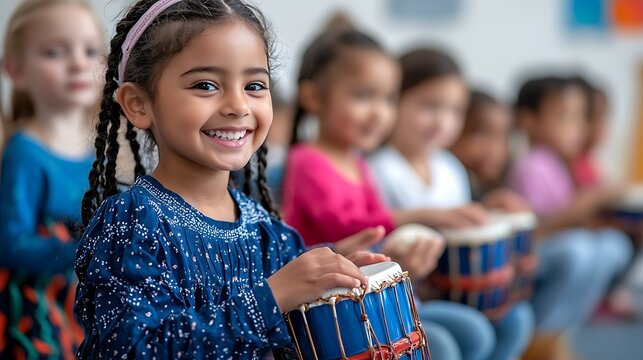 Happy girl playing a drum in a classroom, capturing the joy of music and the enthusiasm of a child engaged in creative expression.