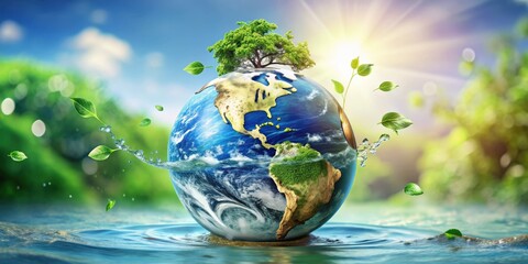 A stock photo illustrating the concept of saving water and environmental protection, featuring an earth globe surrounded by symbols of ecology and nature conservation