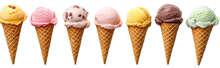 ice cream cones with various flavors isolated on a white background