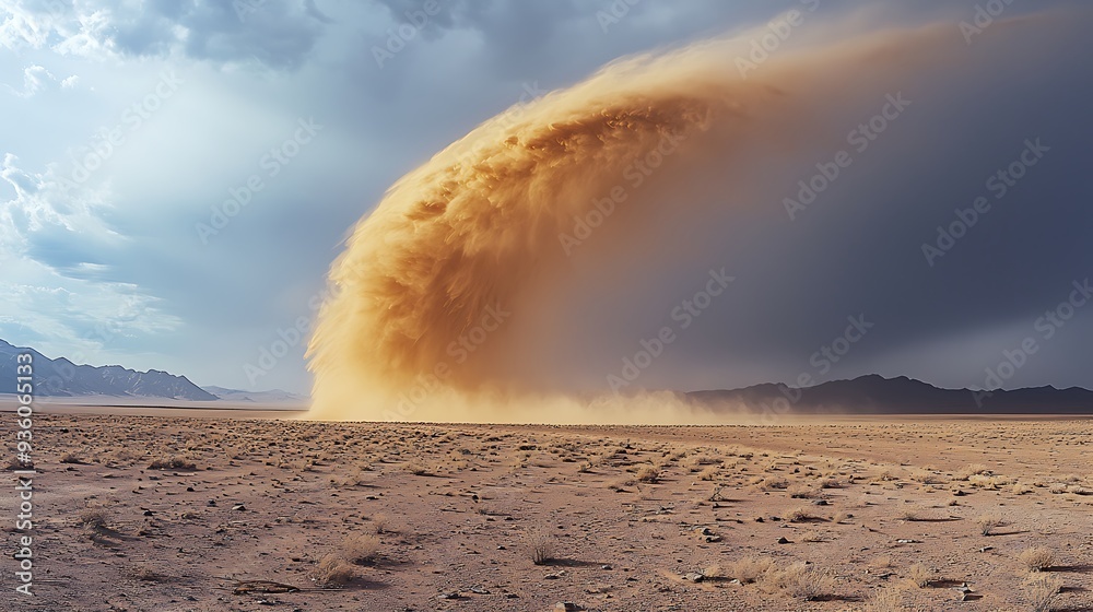 Wall mural desert dust storm over mountains, showcasing the harsh and unforgiving beauty of the desert landscap