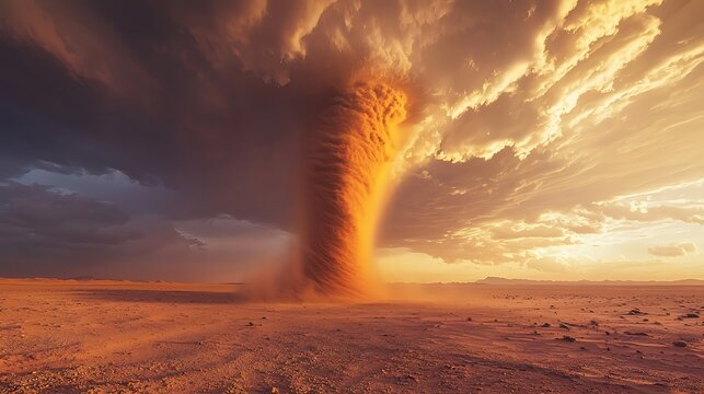 Dust devil in a desert landscape at sunset, blending the intense forces of nature with the warm and dramatic colors of the setting sun.