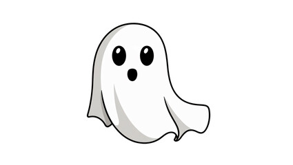 Cartoon ghost with rounded shape, sheet-like appearance, large black eyes, small mouth, black outline, white background, clean, minimalistic, playful design, generative AI