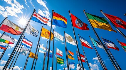 International flags waving in the wind against a blue sky, representing the spirit of cooperation and harmony among nations.