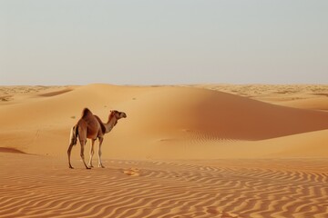 A lone camel stands amid breathtaking desert dunes, the vast expanse emphasizing the solitude and beauty of the arid landscape.