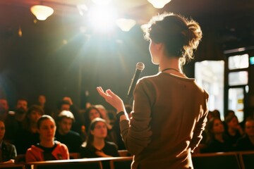 A speaker addresses an engaged audience in a dimly lit venue, emphasizing the intimacy and connection of the moment.