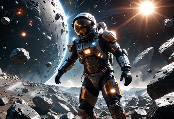 Fototapeta premium astronaut of the future in outer space, dangerous space environment, lonely