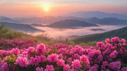 Fototapeta premium Pink Azaleas Blooming on Mountainside During Sunrise