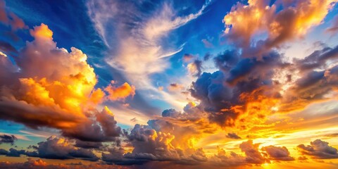 Vibrant sunset sky above fluffy clouds with dramatic lighting, perfect for celebrating the international day for the preservation of the ozone layer