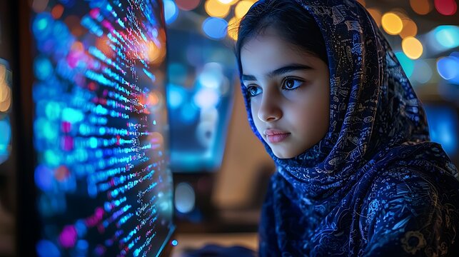 Young Muslim woman coding on a computer screen with blue lights, showcasing her focus and dedication in a technology-driven environment. - Powered by Adobe