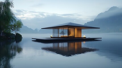 Modern floating cabin on still water with a mountain background, blending luxury with nature in a serene and picturesque setting.