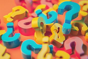 Vibrant, colorful question marks are scattered in a playful pattern on an orange background, symbolizing curiosity and inquiry.