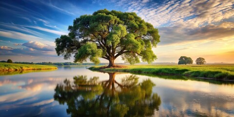 Majestic old tree standing tall by a peaceful river