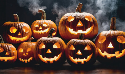 Several carved pumpkins with lit candles inside are arranged on a table with a smoky background