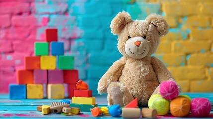 Children toy rabbit playing a different toys and teddy bear isolated on colorful background