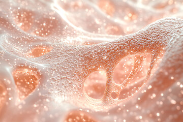 Fototapeta premium Microscopic image of skin tissue with visible collagen structures and vitamin particles interspersed, highlighting the intricate network of fibers and nutrients, realistic, high detail, 8k