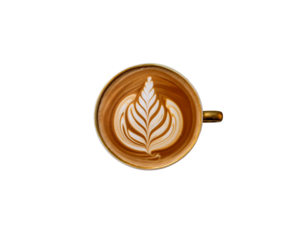 Top view of a hot cup of cappuccino latte with isolated heart-shaped foam on PNG