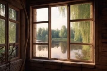 Open Window Overlooking Autumn Trees and Serene Lake