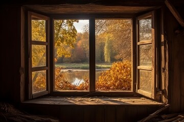 Fototapeta premium Open Window Overlooking Autumn Trees and Serene Lake