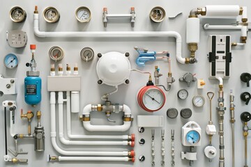 A wall adorned with various plumbing and mechanical devices, creating an intricate tapestry of pipes, gauges, and valves.