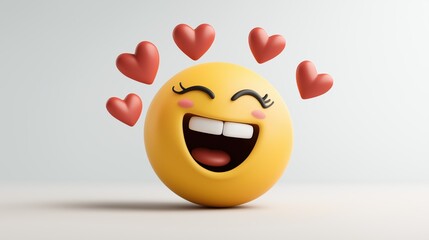 3D-rendered happy emoji with rosy cheeks surrounded by red hearts, expressing joy and love.