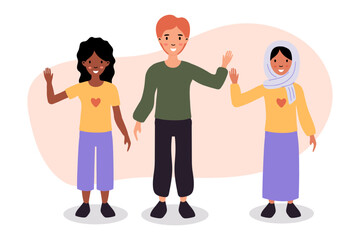 Three diverse children waving while wearing colorful clothing in a cheerful illustration setting