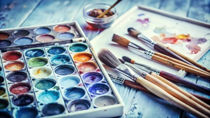 Fototapeta premium Watercolor Palette with Paintbrushes and Watercolor Paper