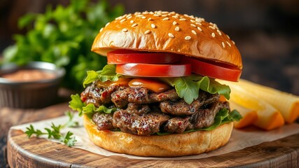 Close-up of a juicy grilled beef burger topped with fresh lettuce, tomato, and cheese, served on a sesame bun