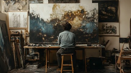 Fototapeta premium Artist Sketching in a Studio: An artist sitting on a stool in a studio, sketching on a large canvas. 