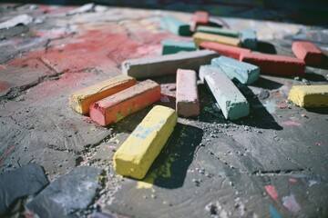 Colorful chalk sticks are strewn across a vibrant sidewalk, evoking memories of childhood creativity and outdoor play.