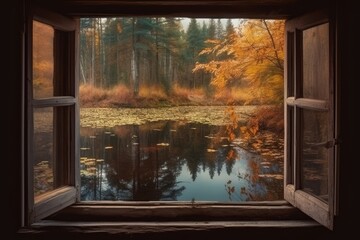 Open Window Overlooking Autumn Trees and Serene Lake