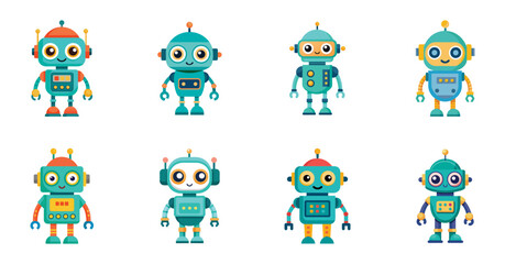 Obraz premium Cute robots with various designs and cheerful expressions. Vector cartoon illustration, children toy.