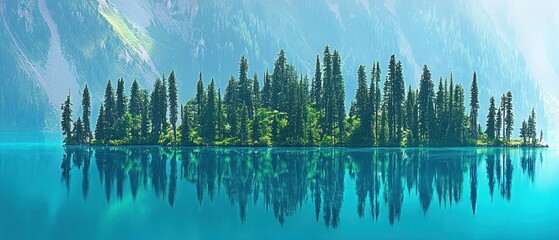 A Small Island of Pine Trees Reflected in a Tranquil Lake