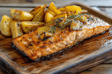 Salmon and potatoes are served on a wooden platter
