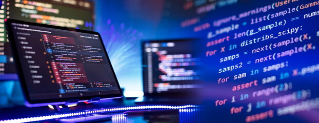 Notebook coding background business data analytics programming online,  digital world technology