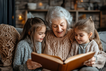 Grandmother Reading Aloud to Her Smiling Granddaughters