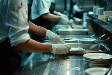 Chefs in a professional kitchen preparing ingredients, showcasing precision and culinary expertise.