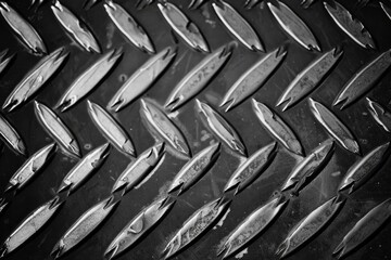 Close-up of a textured metal surface with raised diamond patterns, creating an industrial and rugged look.