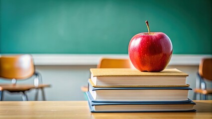 An apple sitting on top of a stack of school books in an empty classroom