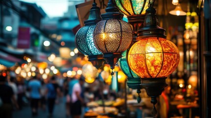 Fototapeta premium Vibrant street market in Bangkok with colorful lanterns, capturing the essence of Thai culture and bustling night life amid a lively atmosphere