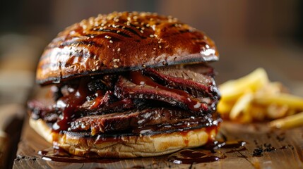 BBQ brisket sandwich on a wooden table, white background