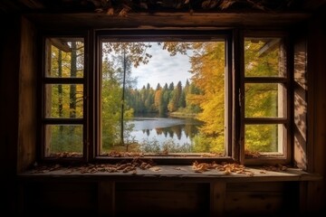 Open Window Overlooking Autumn Trees and Serene Lake