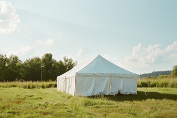 A serene white tent stands alone in a lush, grassy field under a bright blue sky, evoking a peaceful, rustic outdoor experience.